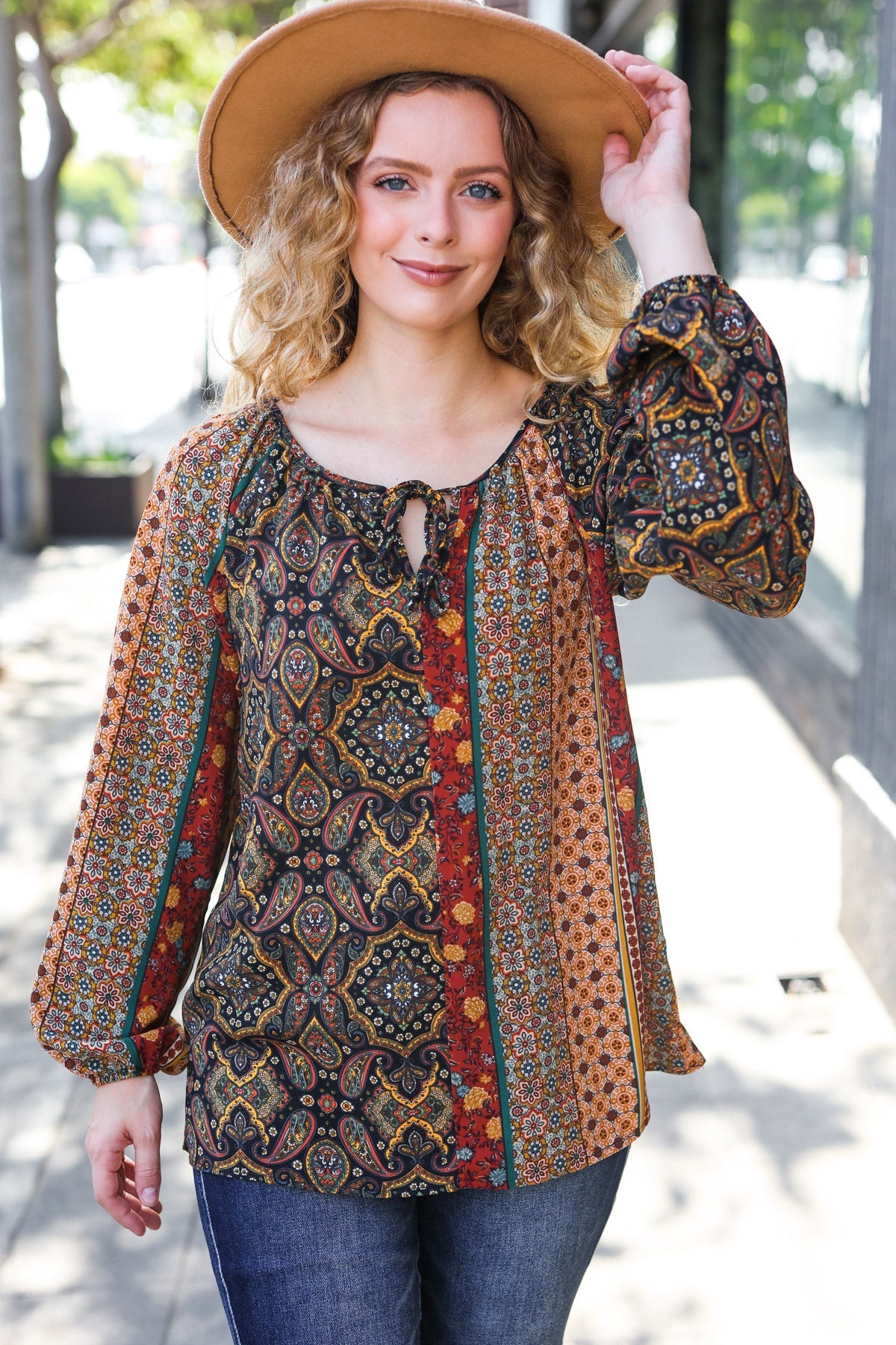 Weekend Ready Black & Rust Paisley Raglan Keyhole Tie Top