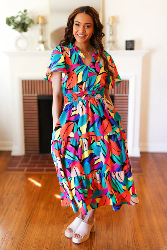 Be Bold Multicolor Abstract Tropical Print Smocked Waist Maxi Dress