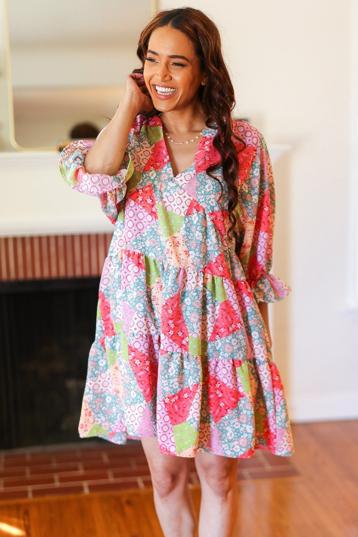 Look Of Love Lime & Coral Patchwork Print V Neck Dress