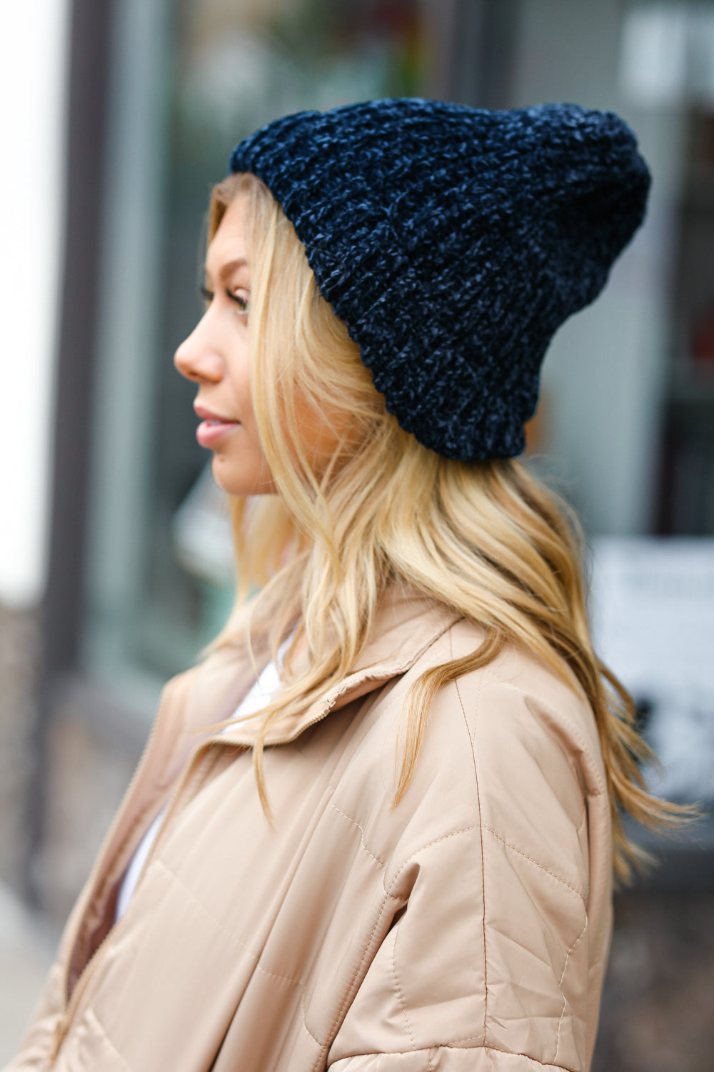 Navy Knit Velvet Chenille Fold Over Beanie