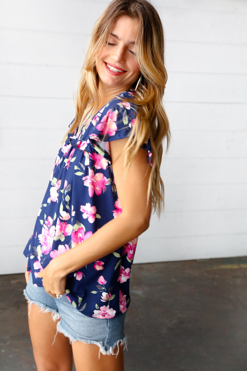 Navy & Pink Floral Print Frilled Short Sleeve Yoke Top