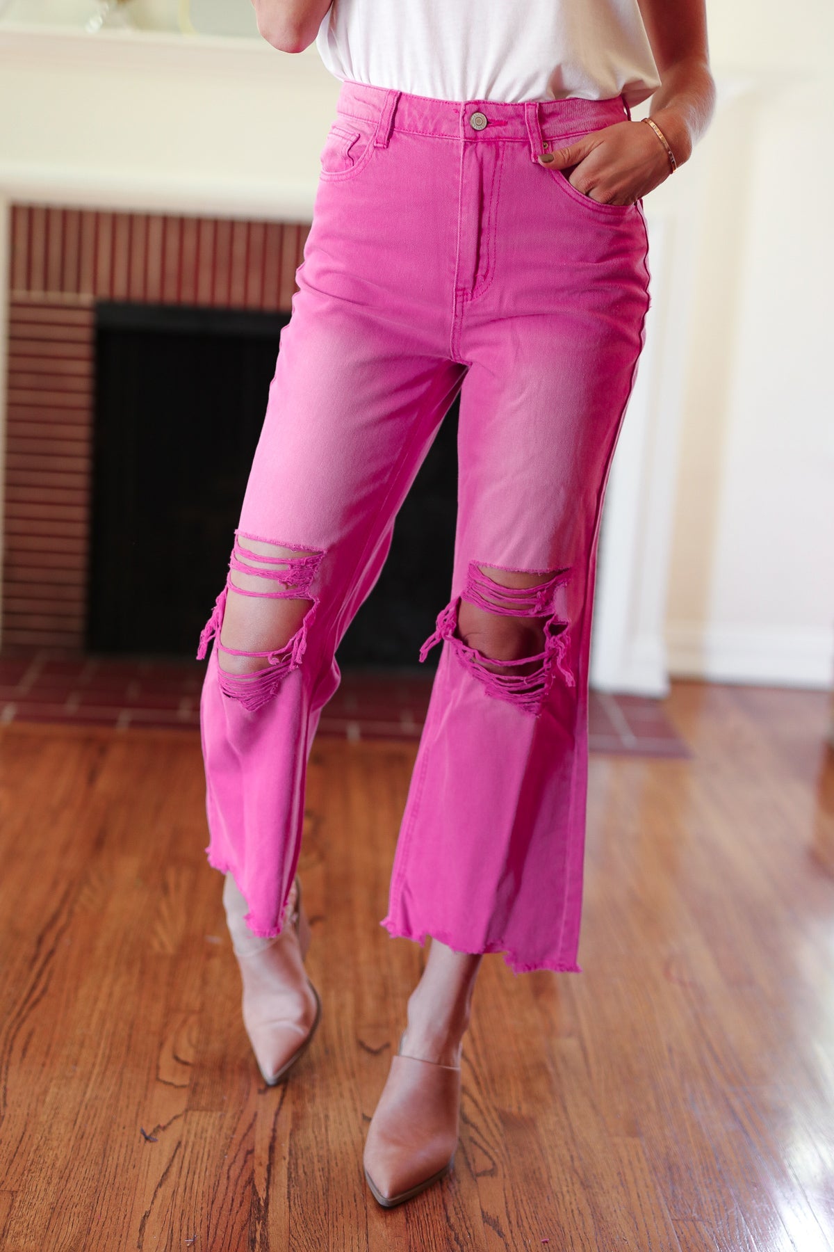 Cut Loose Hot Pink High Rise Washed Distressed Hem & Knee Cropped Pants