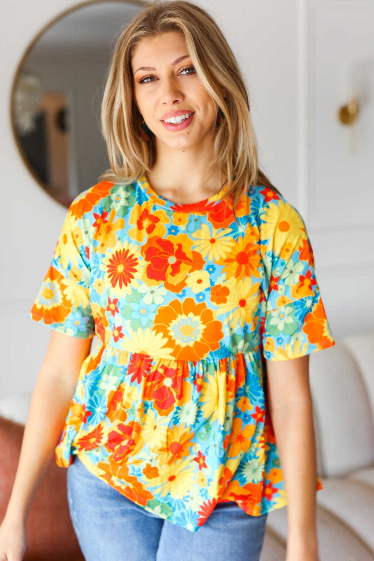 Sunflower& Red Retro Floral Swing Babydoll Top