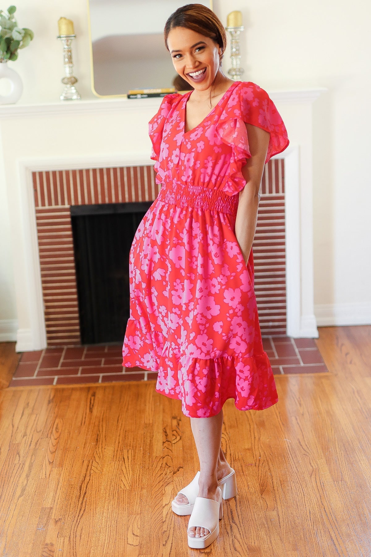 Remember Me Red & Pink Floral Print Smocked Waist Midi Dress