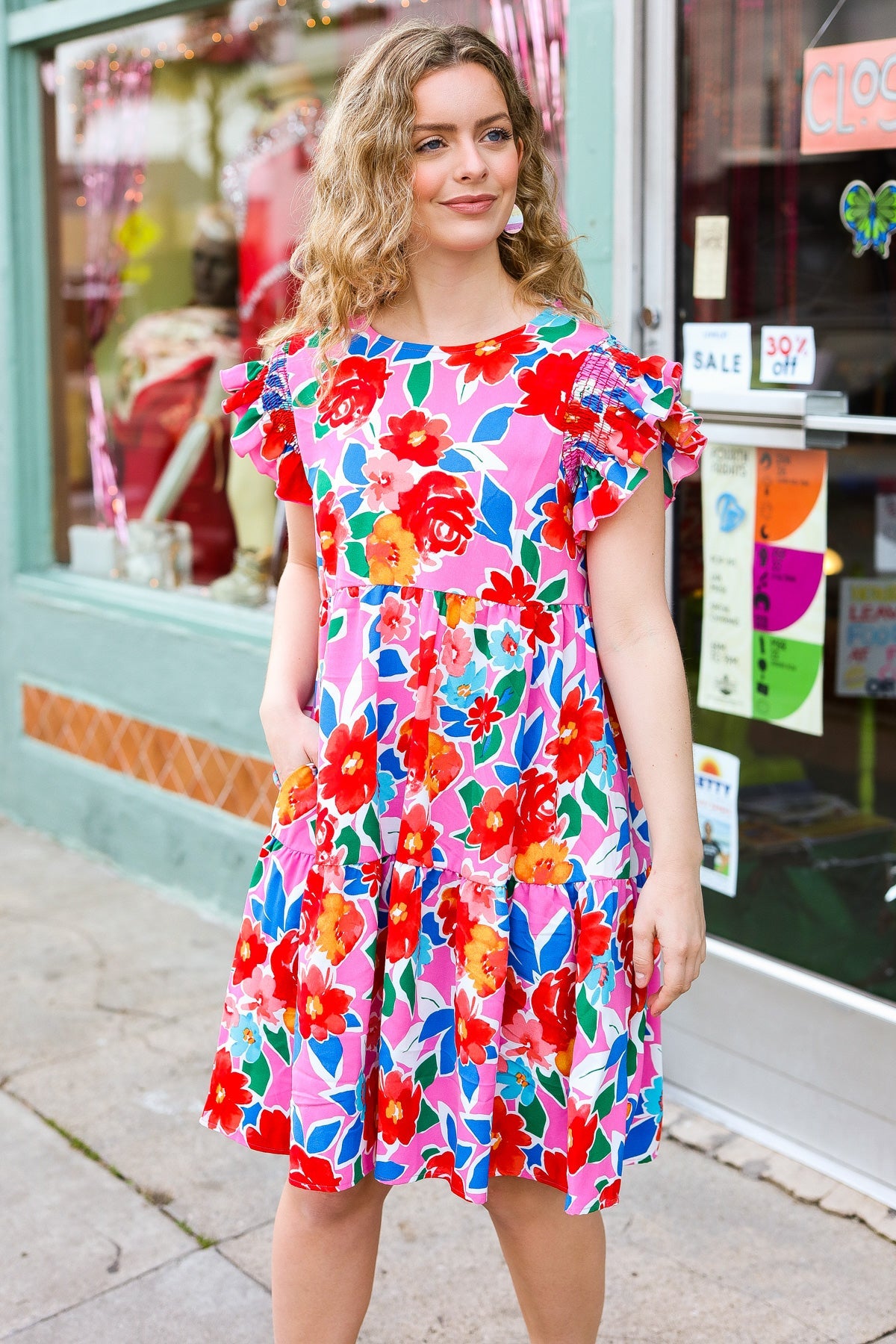 Love Found Pink Floral Smocked Ruffle Sleeve Tiered Dress