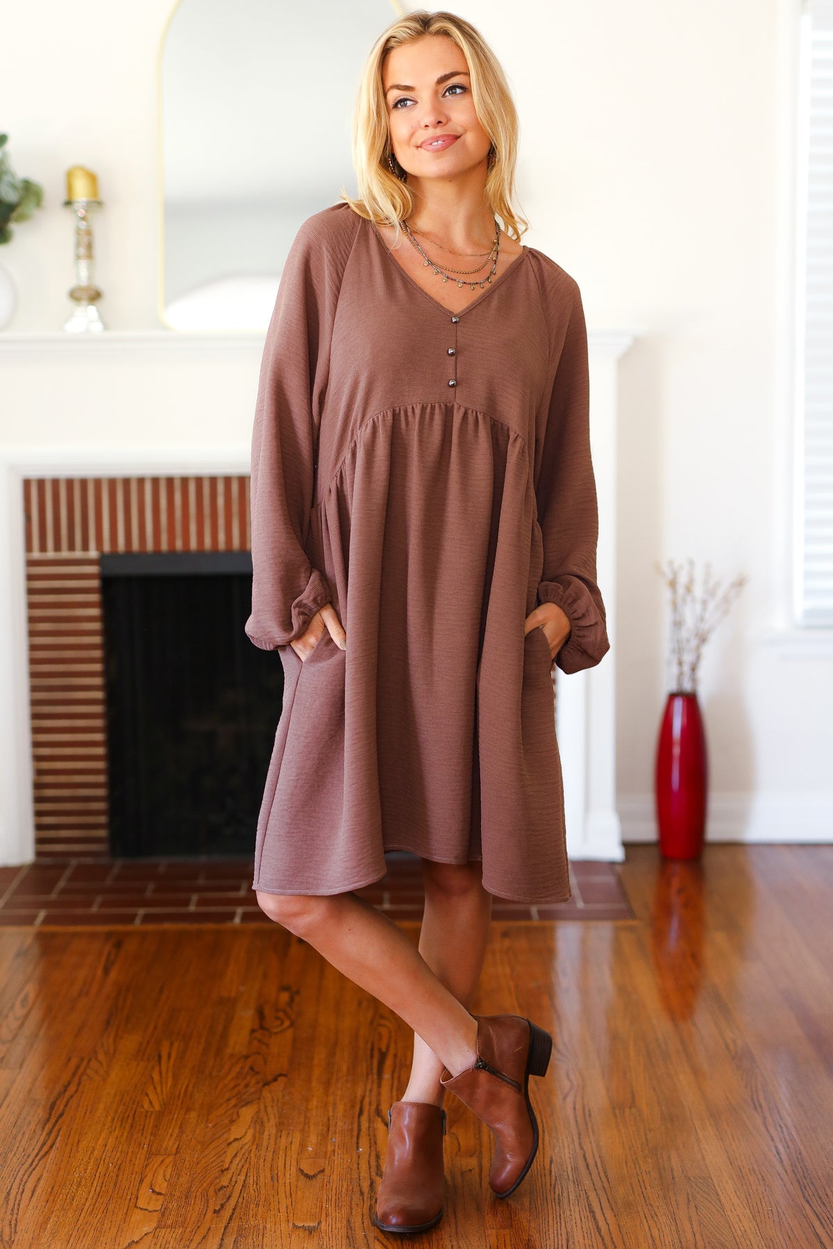 Beautiful You Mocha Woven Waffle V Neck Babydoll Dress