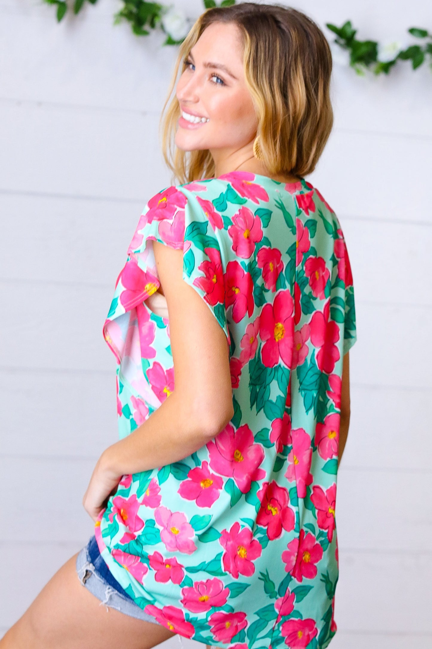 Mint & Fuchsia Floral Ruffle Sleeve Top