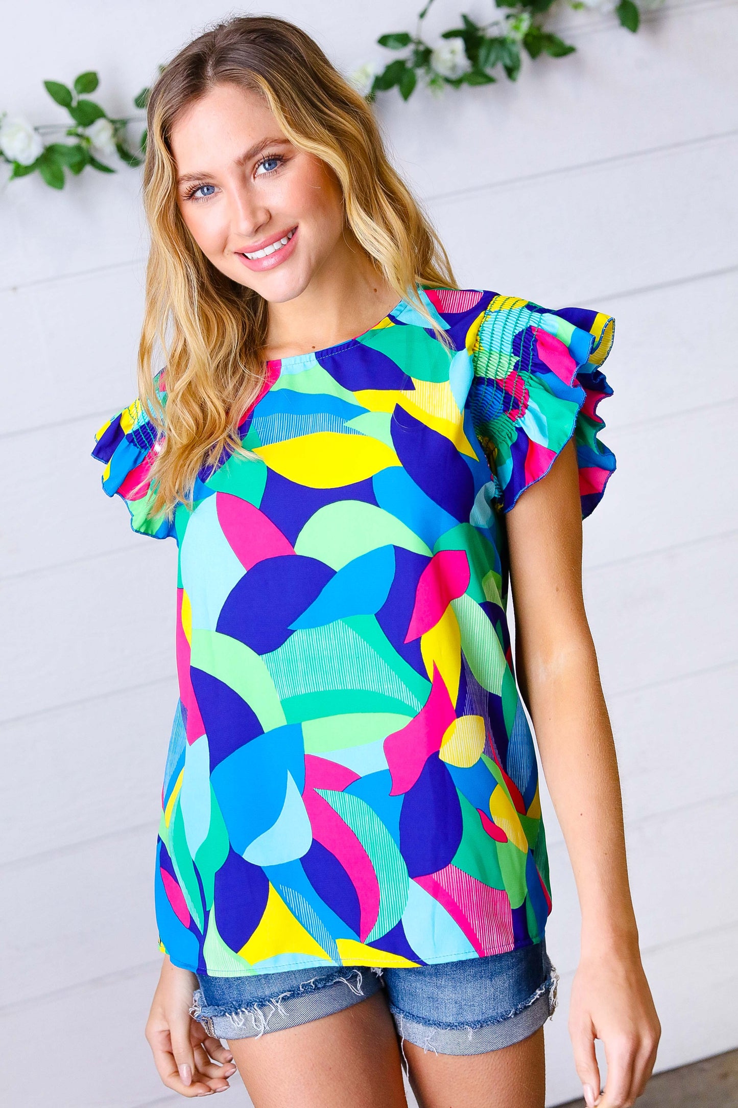 Multicolor Geo Smocked Ruffle Frill Sleeve Top