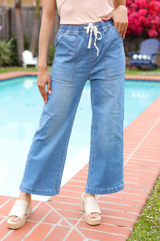 Denim Blue High Rise Drawstring Cropped Jeans