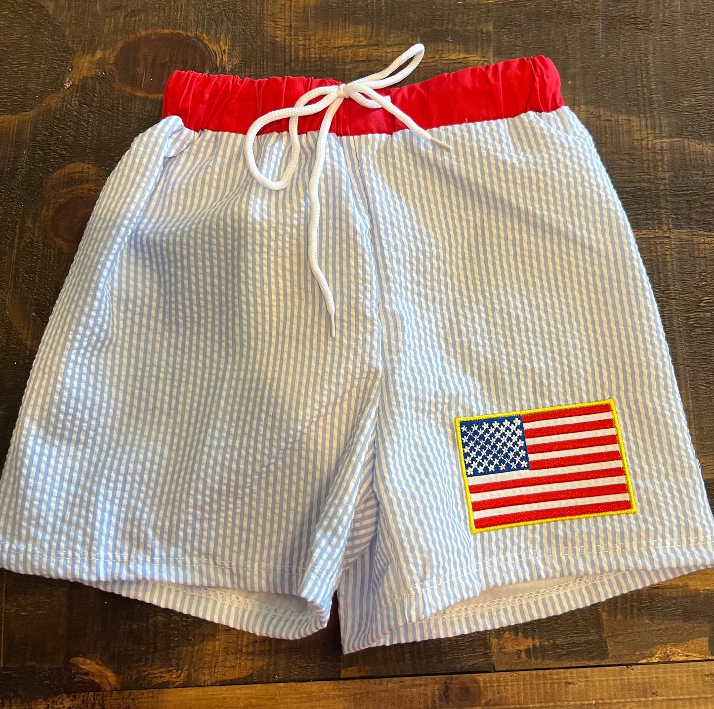 Seersucker Appliqué American Flag Swim Trunks size 5/6