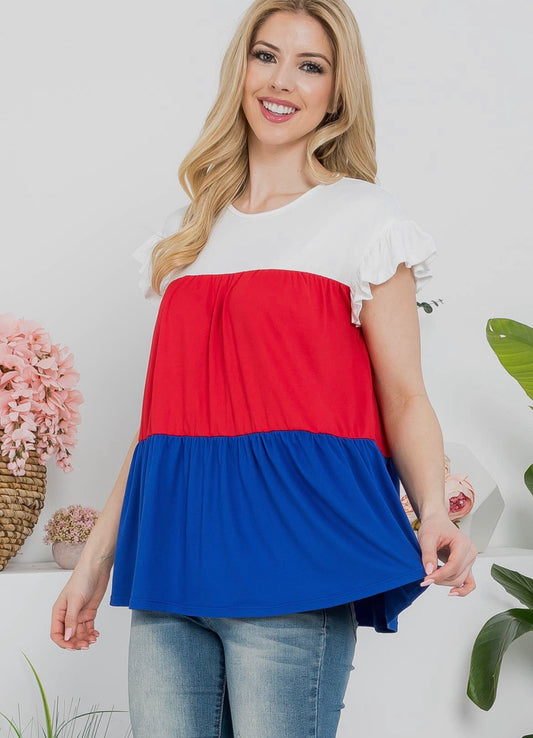 Women’s Red, White, & Blue Color Block Shirt