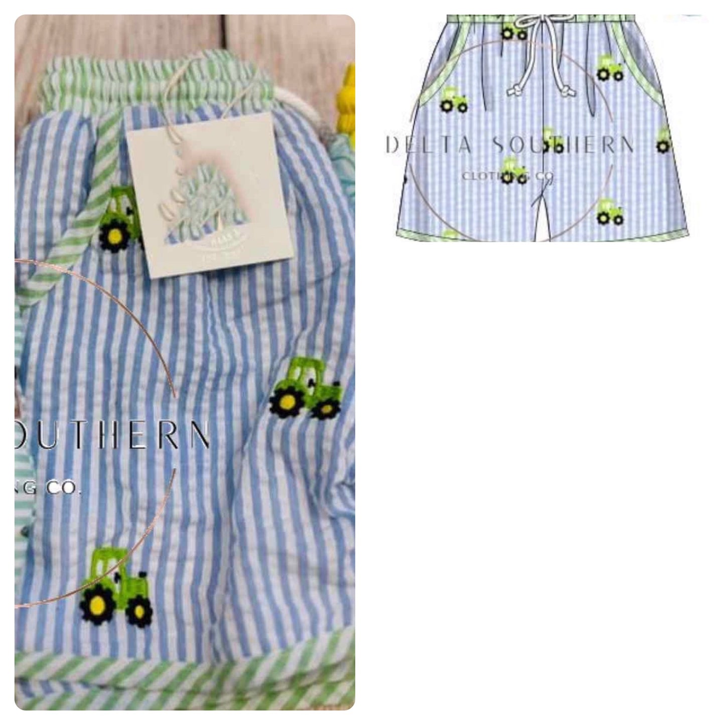 Seersucker embroidery tractor boy swim trunks size 2T