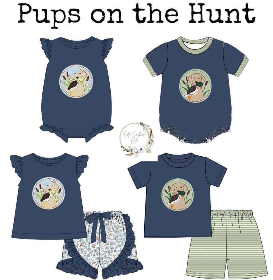 Pups On the Hunt Appliqué Boy Short Set PO extras ETA Oct