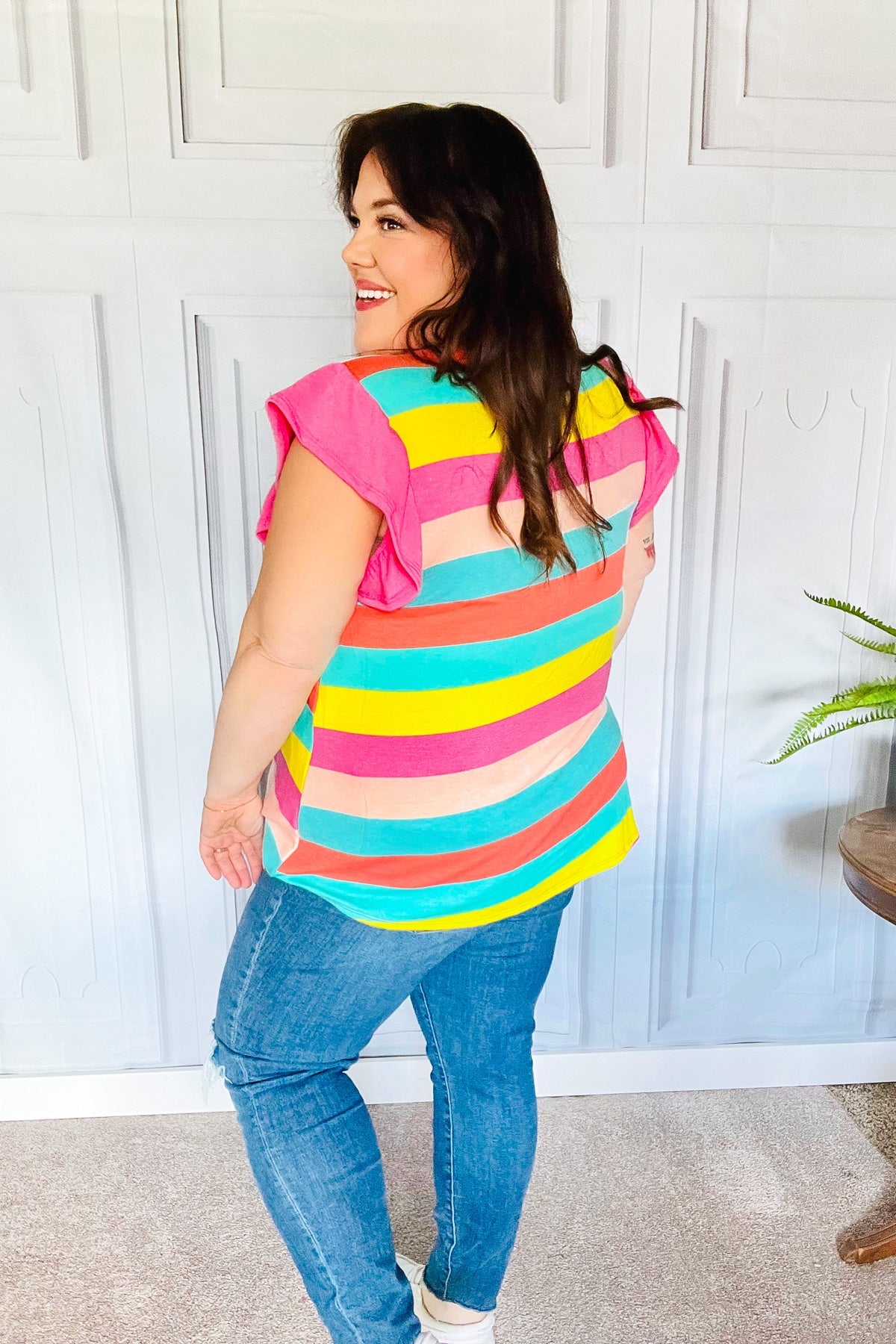 Relaxed Fun Mint & Fuchsia Stripe Flutter Sleeve Terry Knit Top