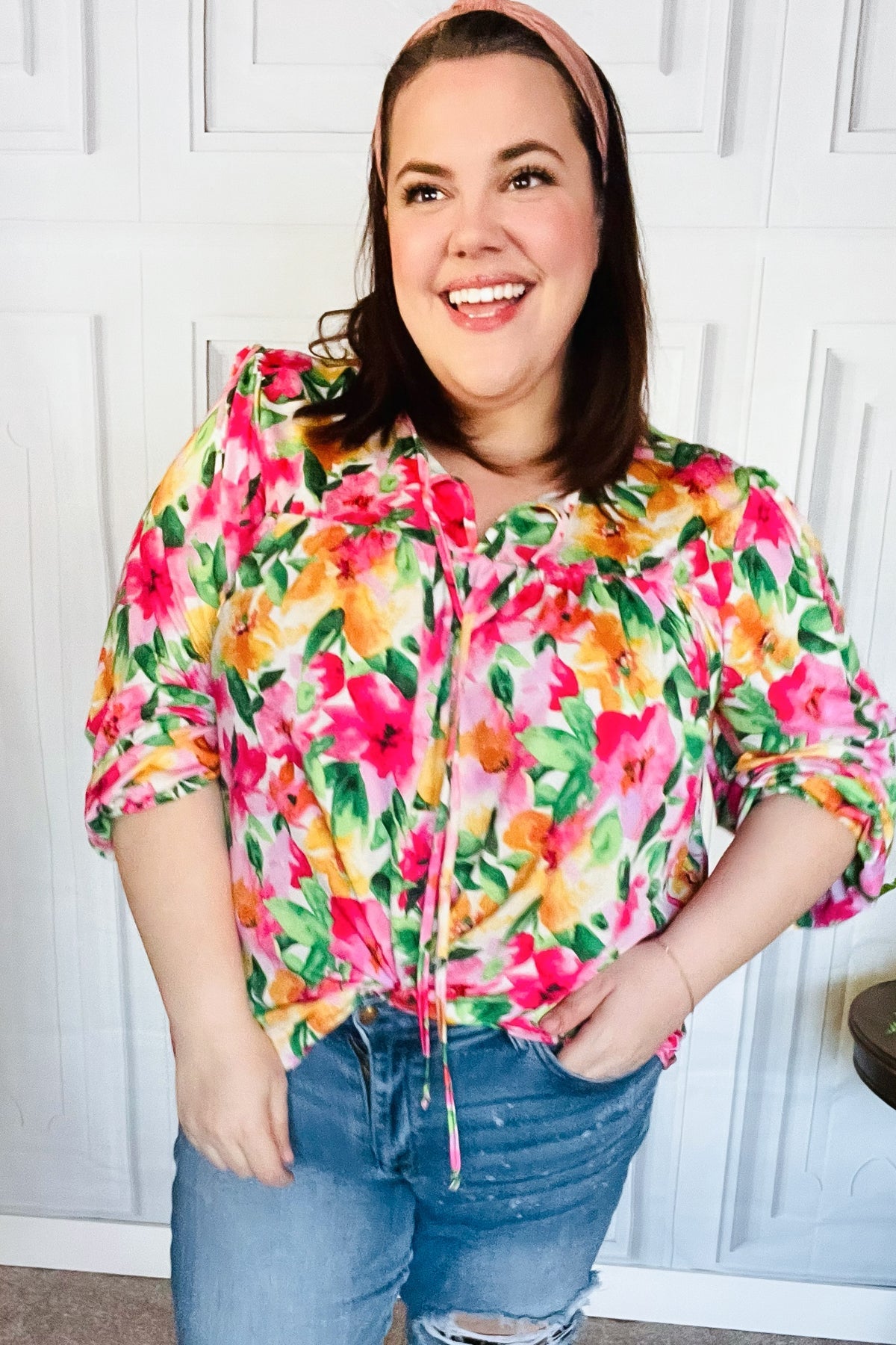 Pretty In Pink Watercolor Floral Yoke Tie Top