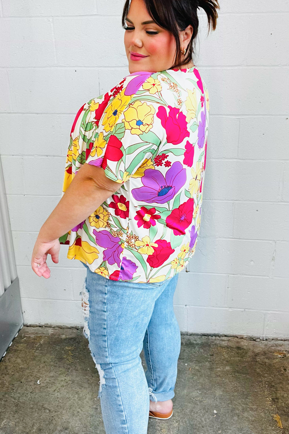 Multicolor Floral V Neck Dolman Top