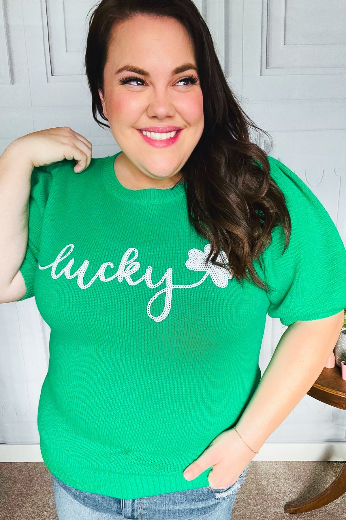 Lucky Lady Shamrock Green Sequin Puff Sleeve Knit Top