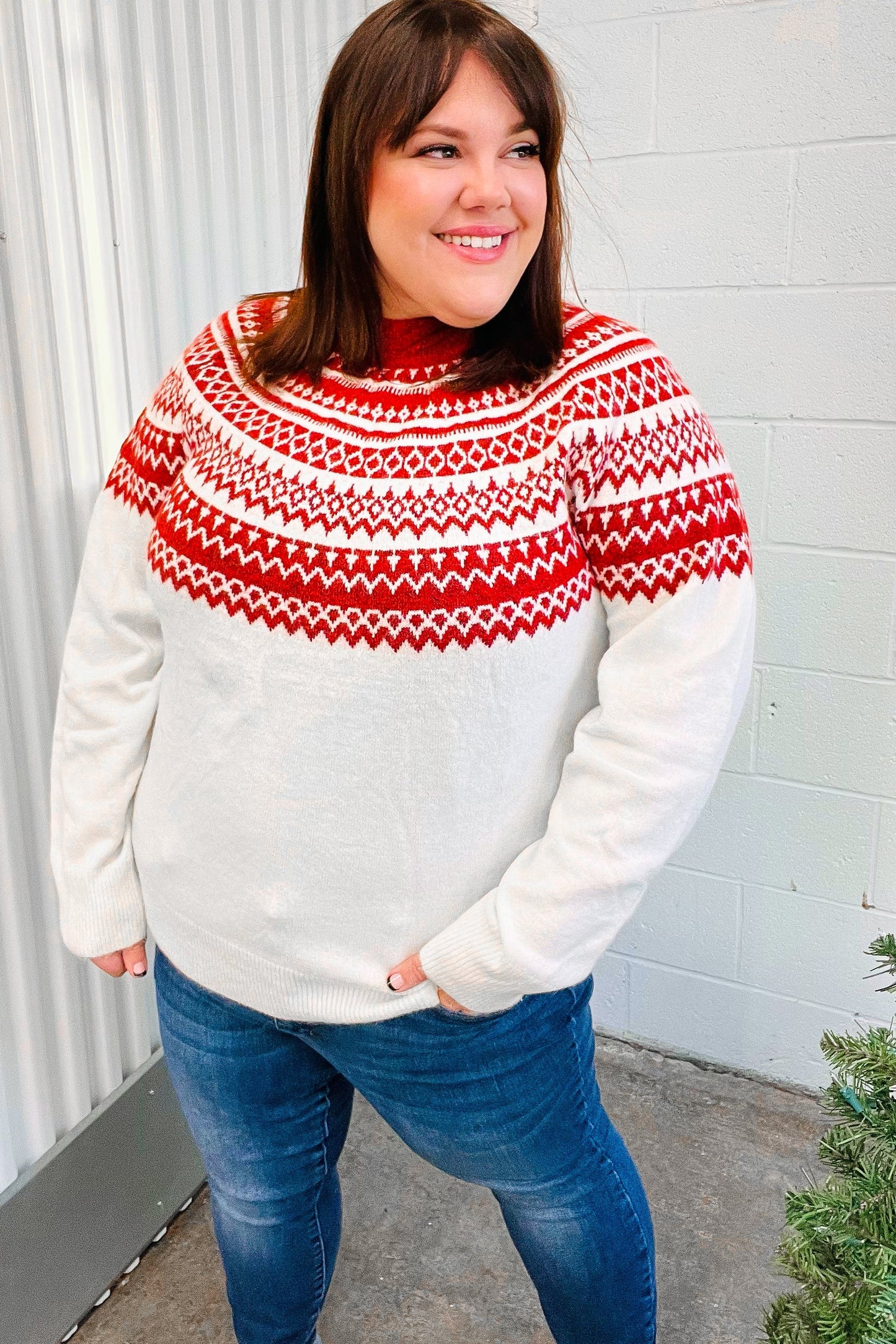 Feeling Festive Ivory & Red Fair Isle Mock Neck Sweater