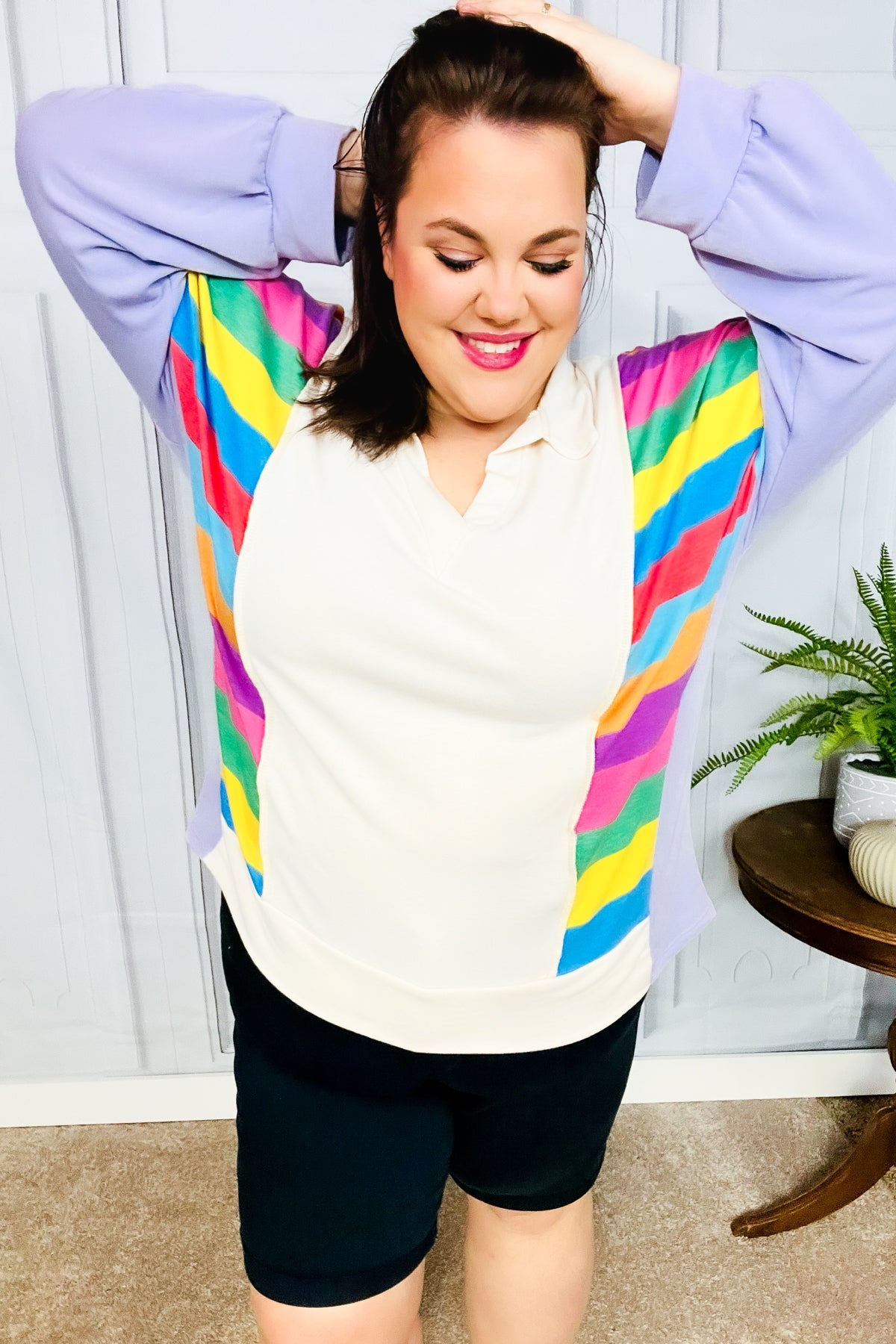 Feeling Bold Lilac Multicolor Stripe Collared V Neck Pullover