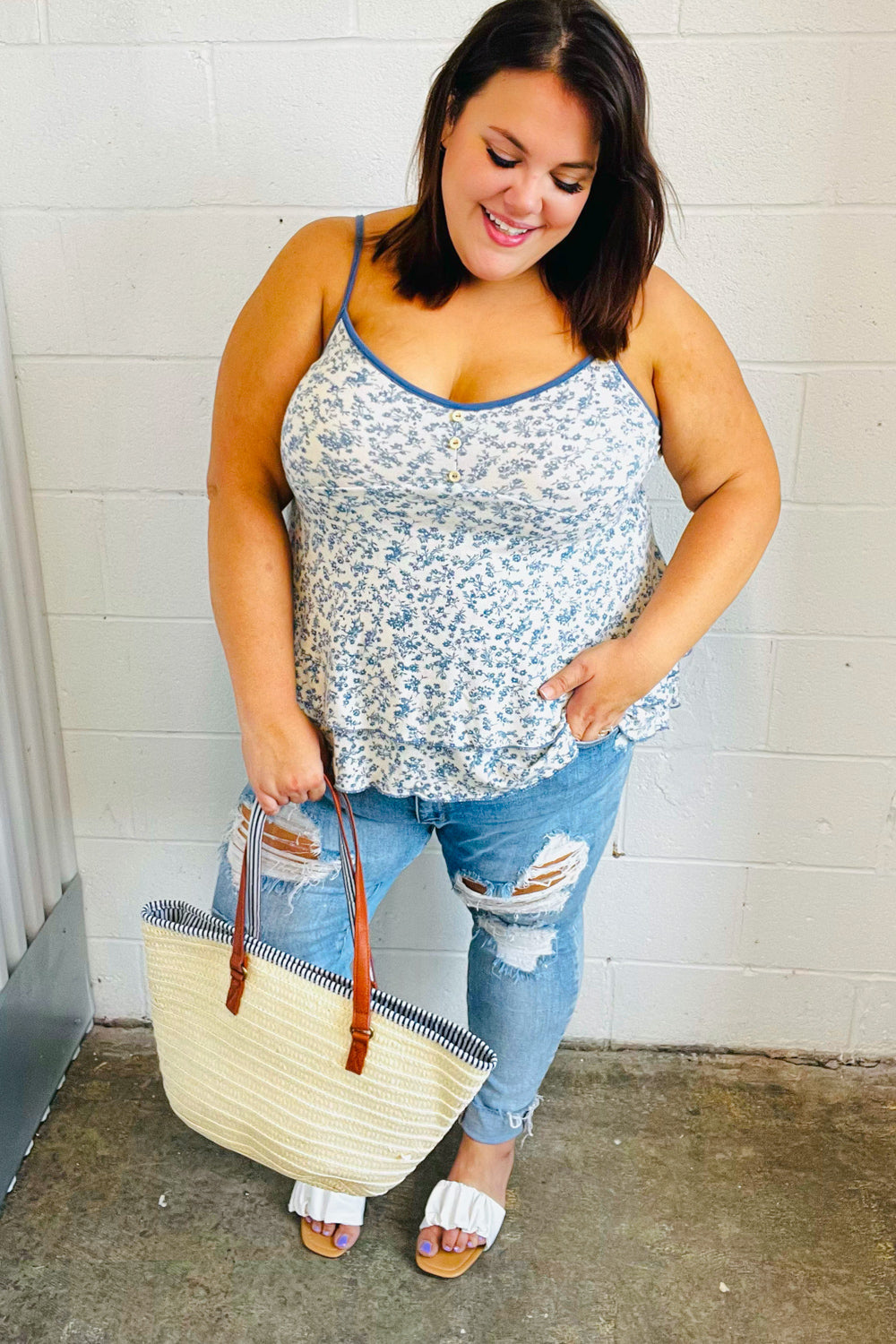 Vintage Ivory & Denim Floral Babydoll Top