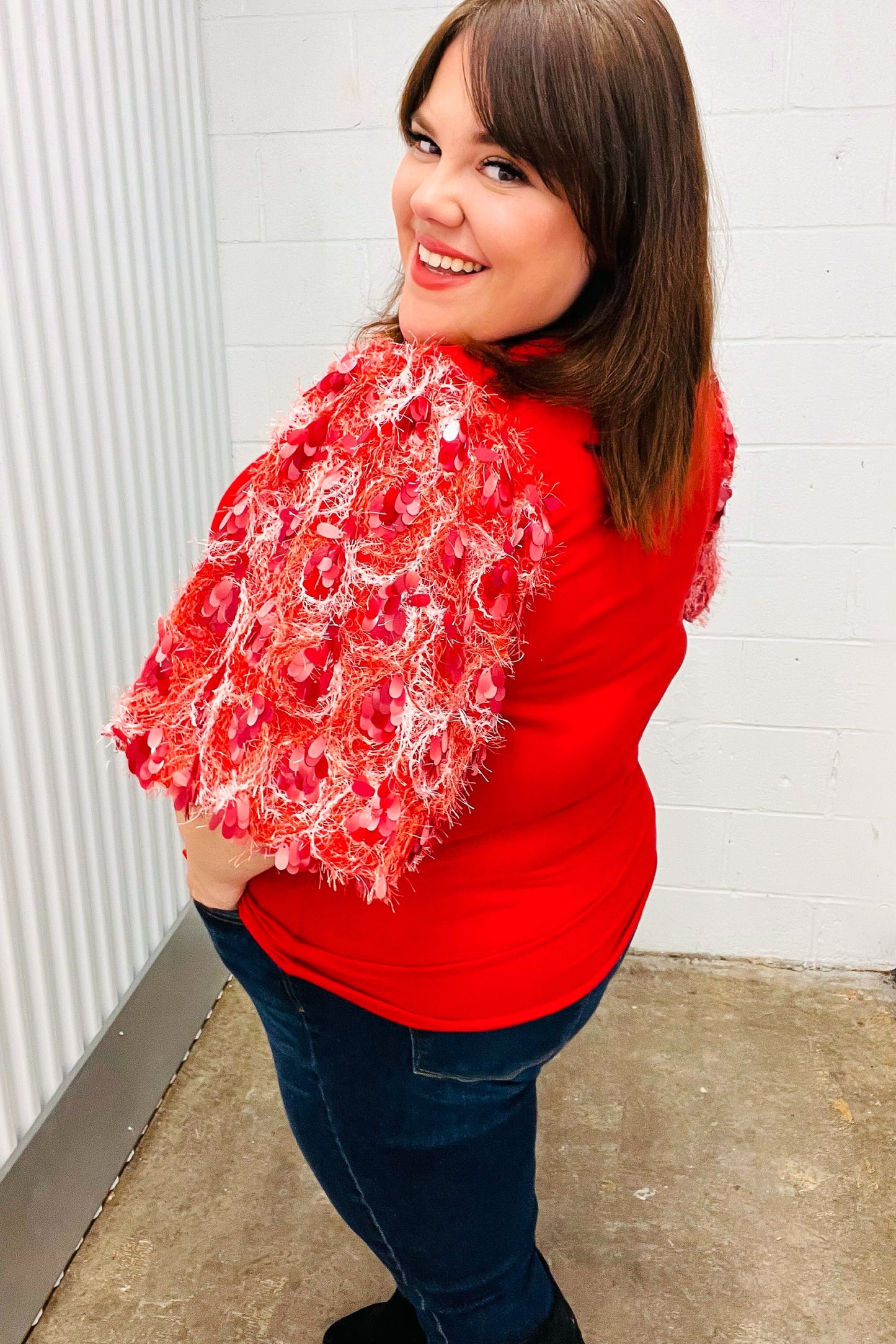 Come To Me Red Sequin Puff Short Sleeve Top