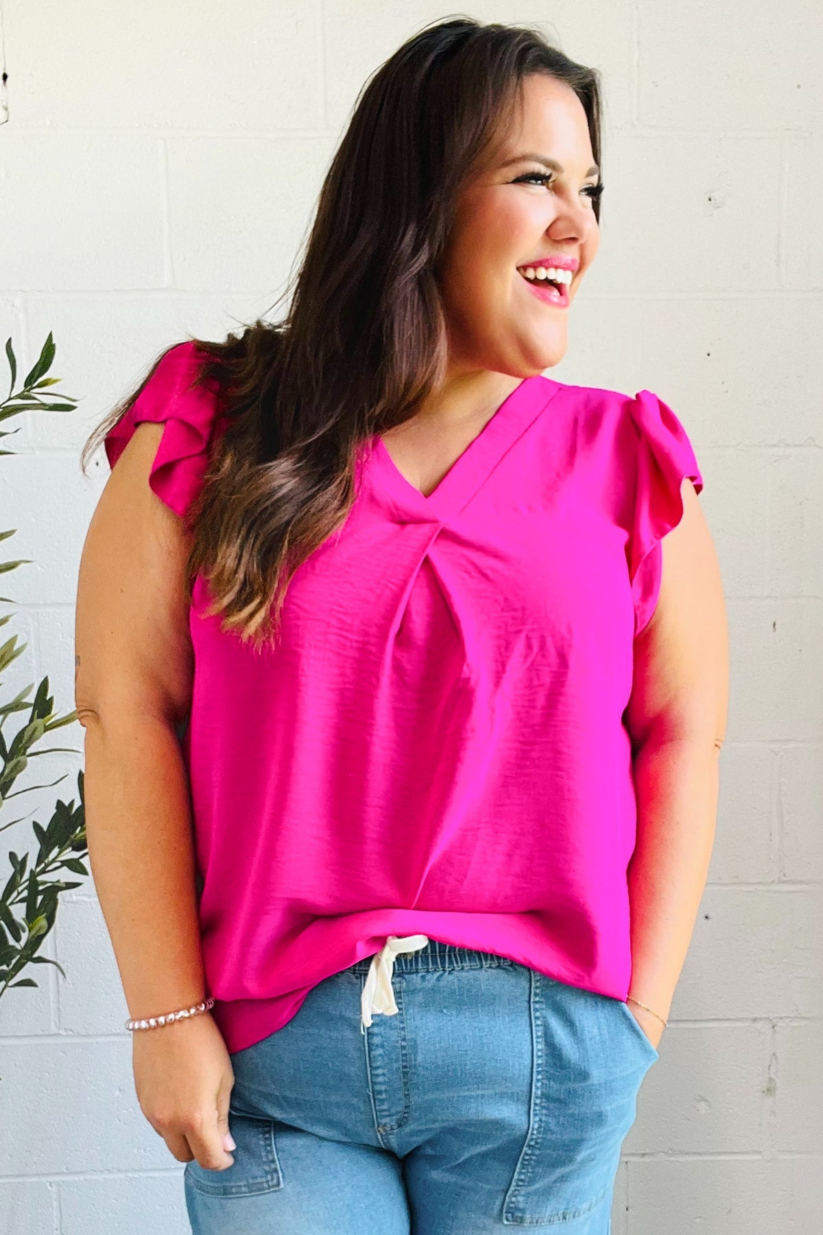 Summer Days Fuchsia Banded V Neck Flutter Sleeve Top