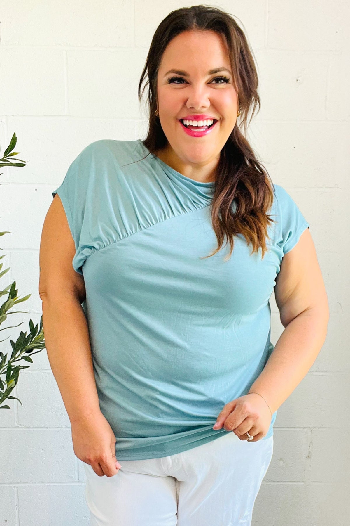 Charming in Aqua Asymmetrical Shirred Modal Top