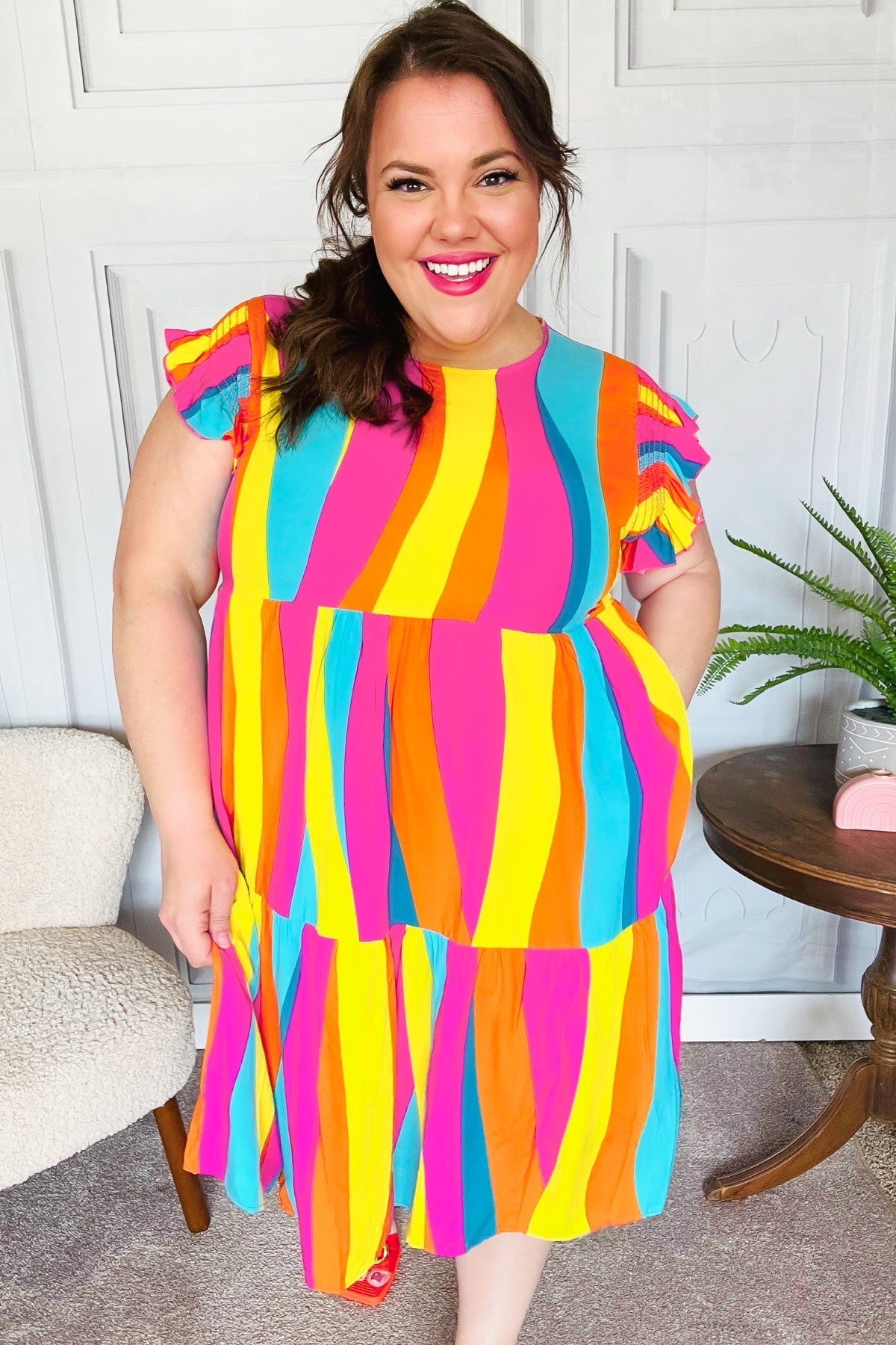 Eyes On You Multicolor Abstract Print Smocked Ruffle Sleeve Dress