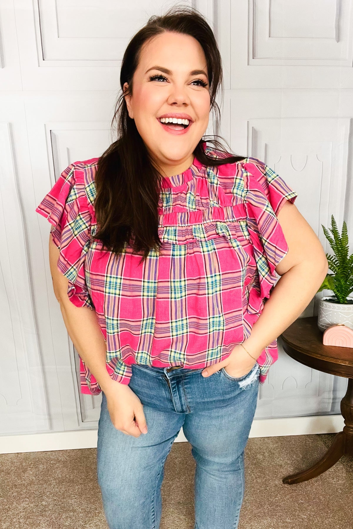 Live For Today Fuchsia Plaid Shirred Yoke Flutter Sleeve Top