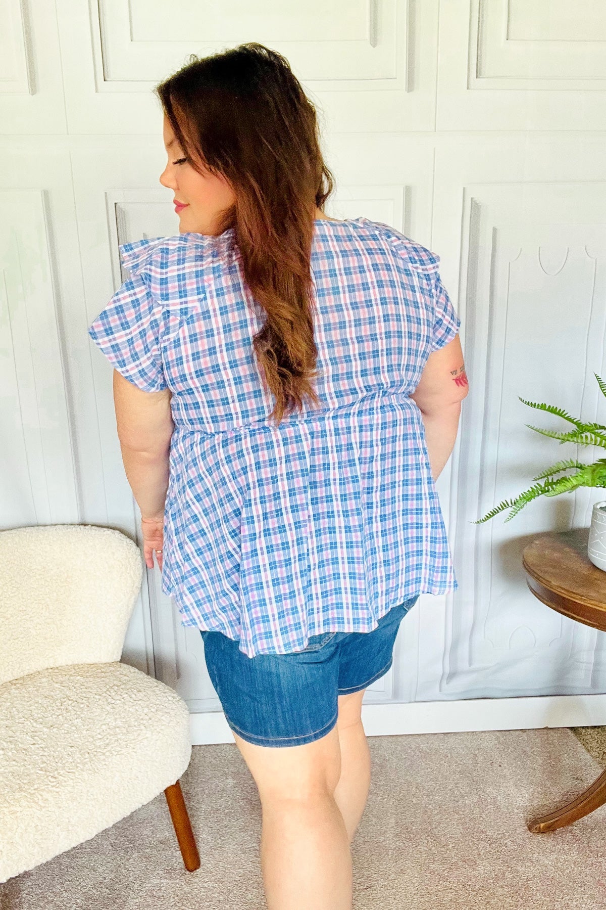 Hello Beautiful Blue Plaid V Neck Ruffle Elastic Babydoll Top