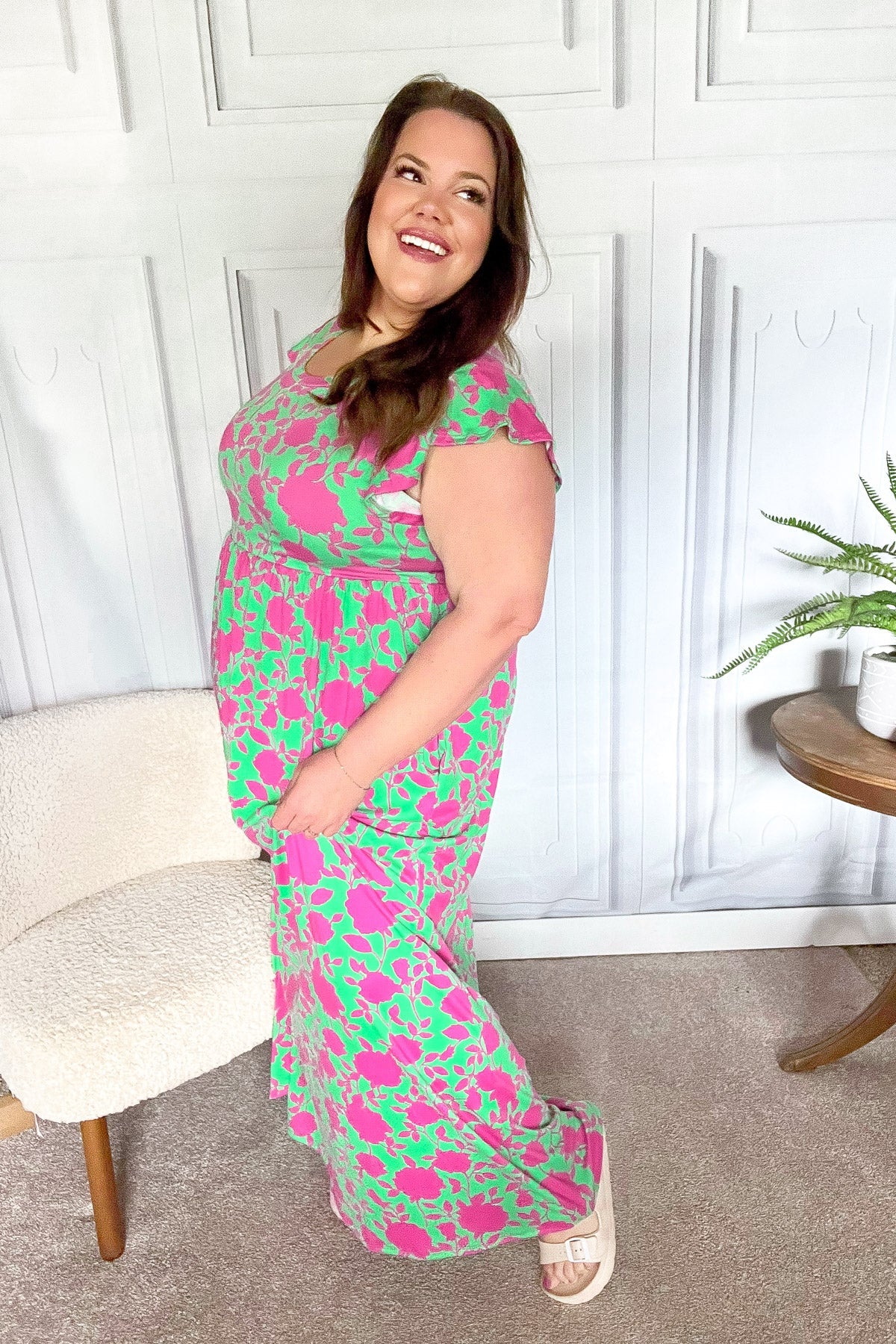 Stand Out Green & Fuchsia Floral Fit & Flare Maxi Dress