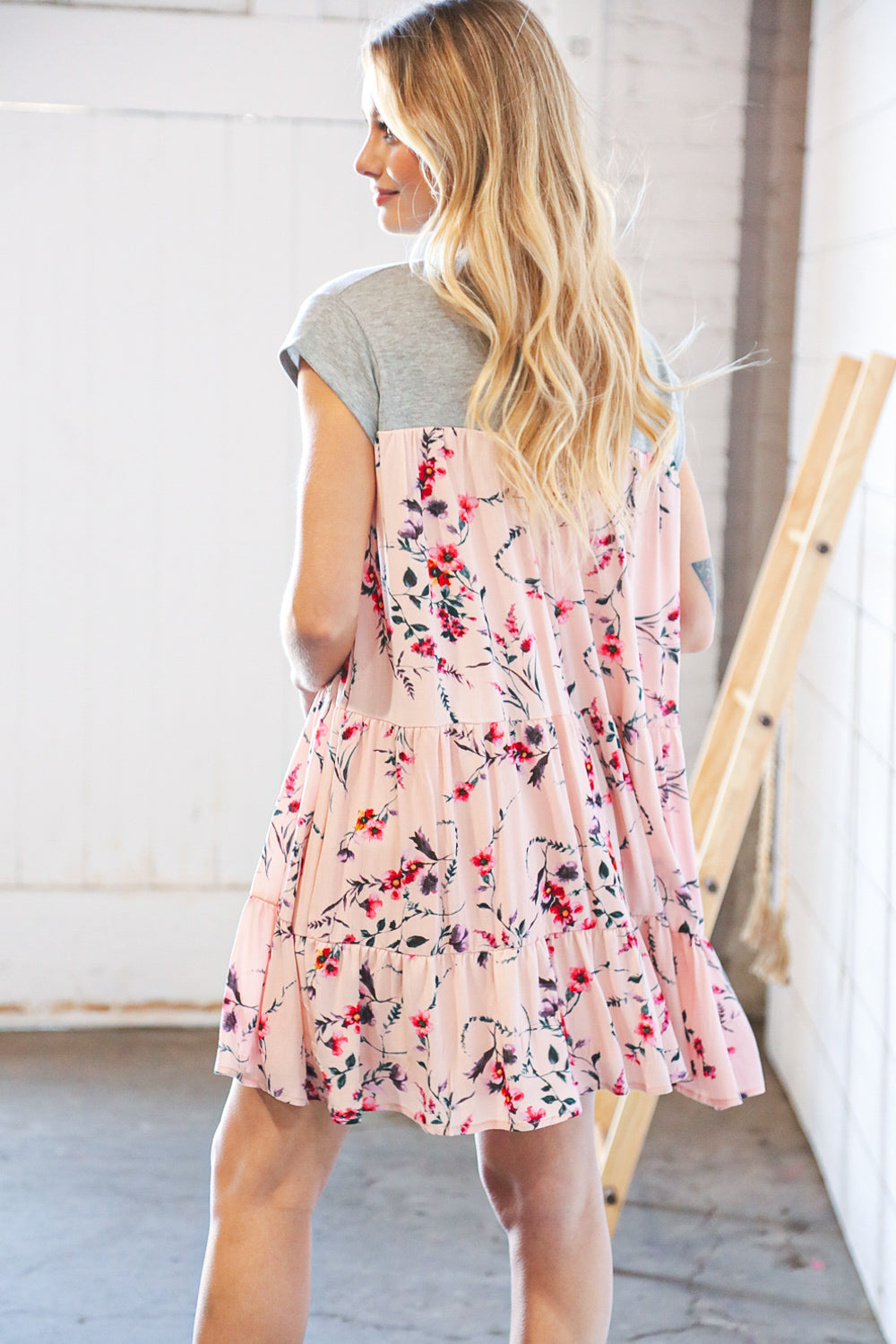 Blush Floral Crinkle Rayon & Terry Babydoll Tiered Dress