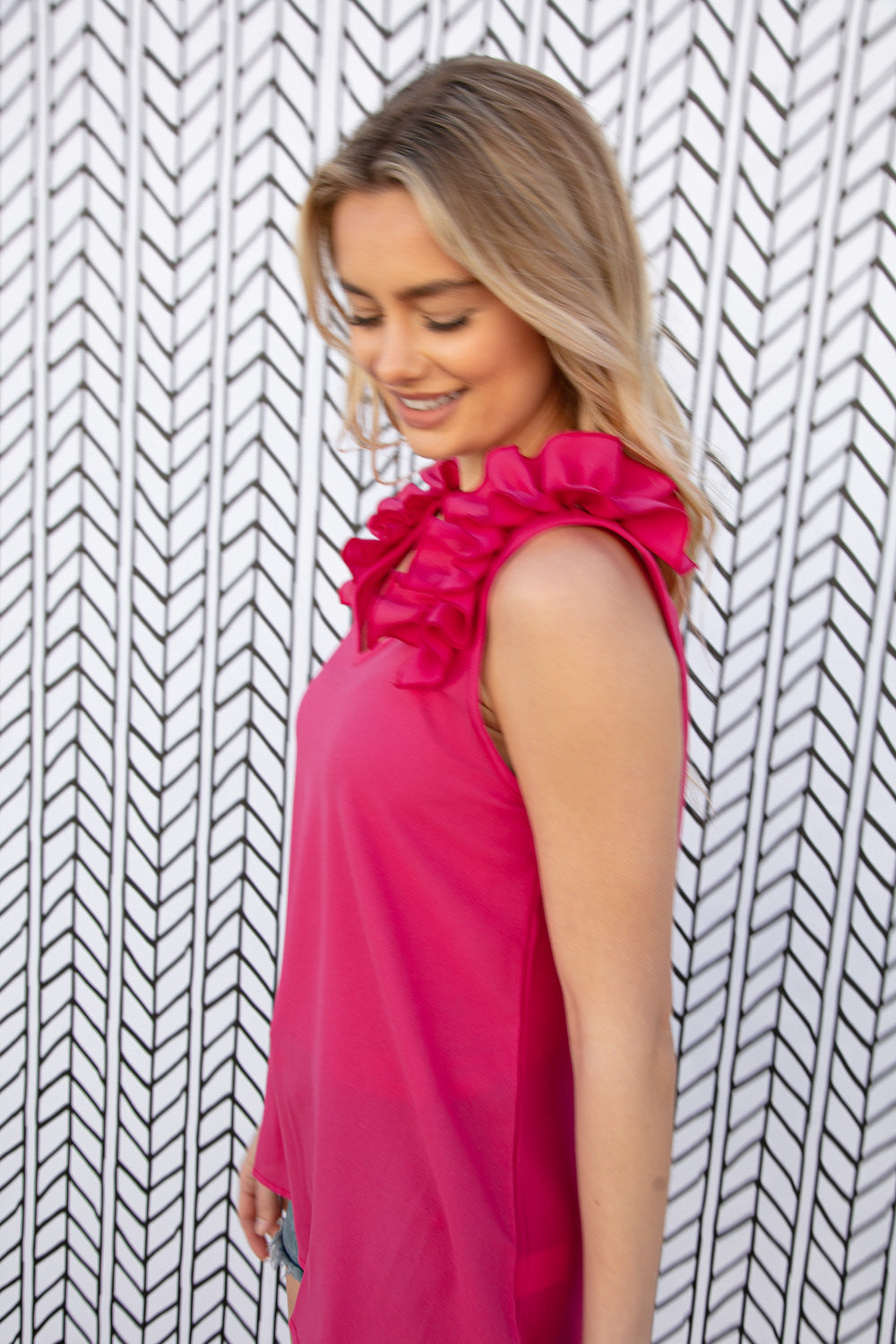 Fuchsia Frill Shoulder Sleeveless Crepe Woven Top