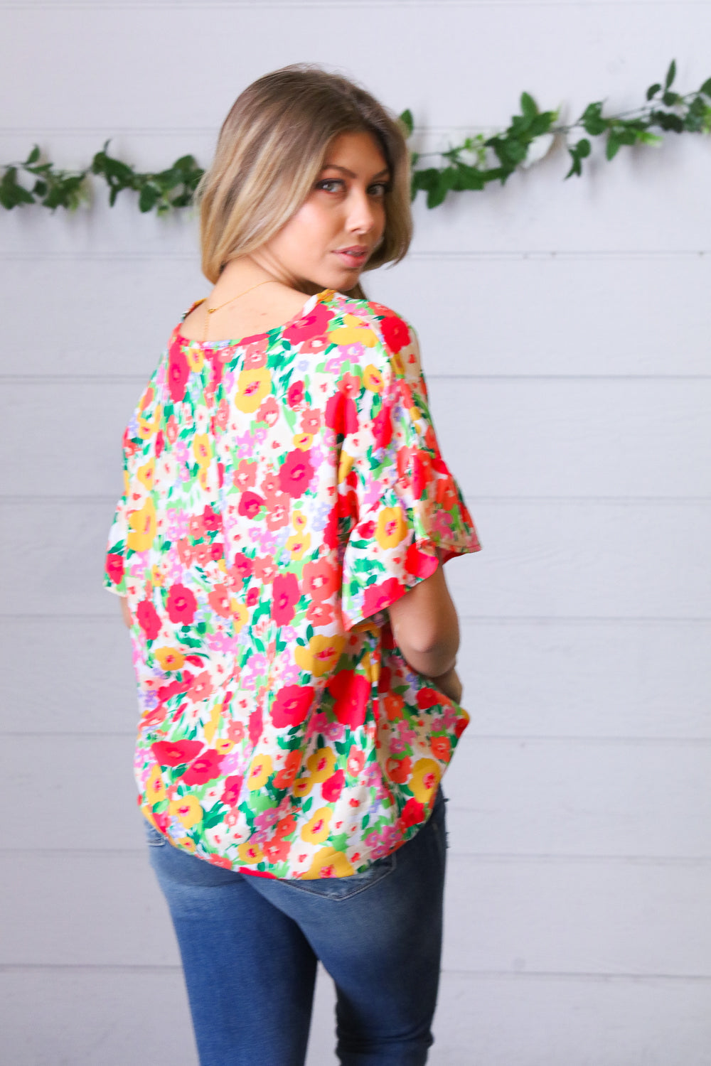 Red Flat Floral Pring Dolman Ruffle Frill Sleeve Blouse