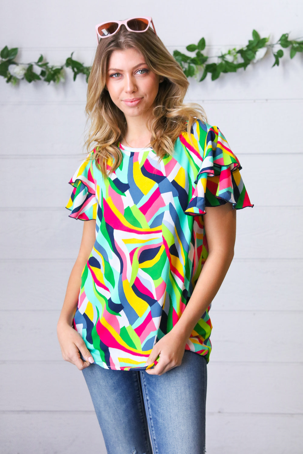 Geo Multicolor Print Flutter Sleeve Woven Top